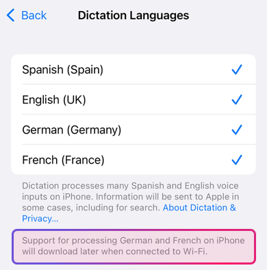 iOS language download status