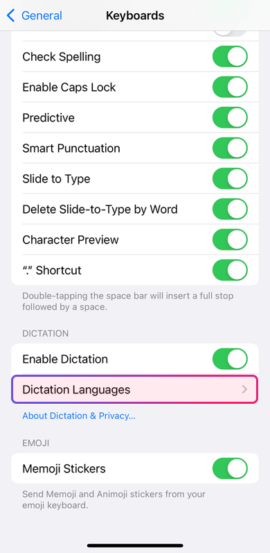 iOS Dictation Languages list